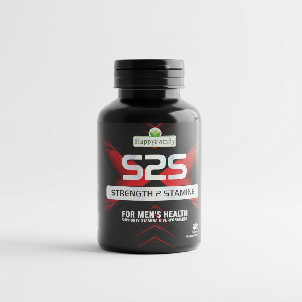 Black supplement bottle labeled 'S2S' on a textured surface with a neutral background