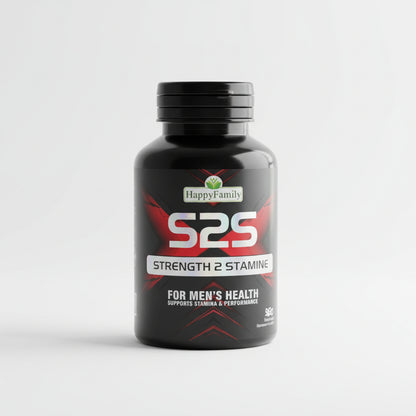 Black supplement bottle labeled 'S2S' on a textured surface with a neutral background