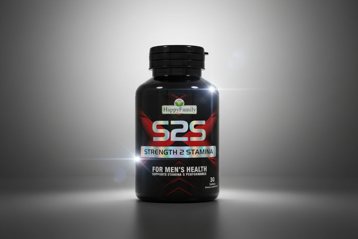 Black supplement bottle labeled 'S2S' by Happy Family on a textured surface.