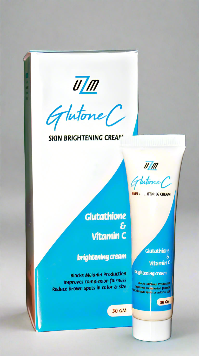 A boxed Glutone C skin brightening cream with the product name and key ingredient, Vitamin E, highlighted on the packaging. The packaging is predominantly blue and white with text and branding prominently displayed.