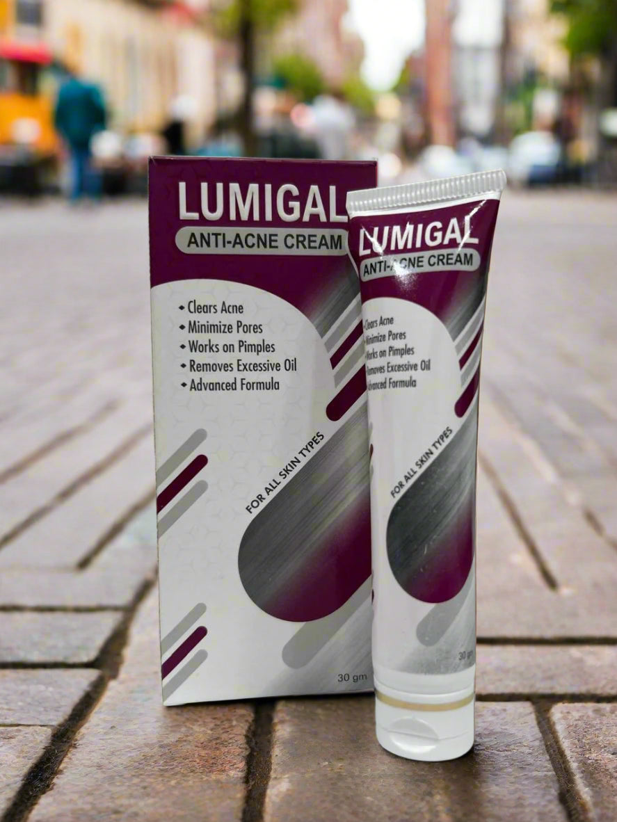 Lumigal anti-acne cream packaging and tube on a white surface