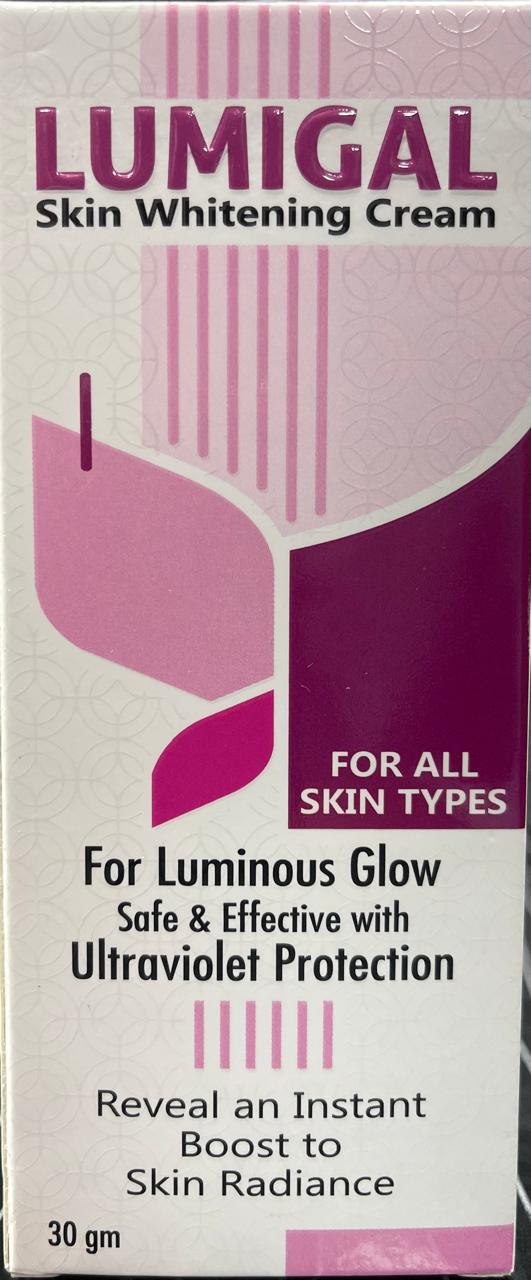 A box of Lumigal Skin Whitening Cream, indicating that it is for all skin types, with an emphasis on being safe and effective with ultra-violet protection. The package also states that it reveals an instant whitening effect and boosts skin radiance.