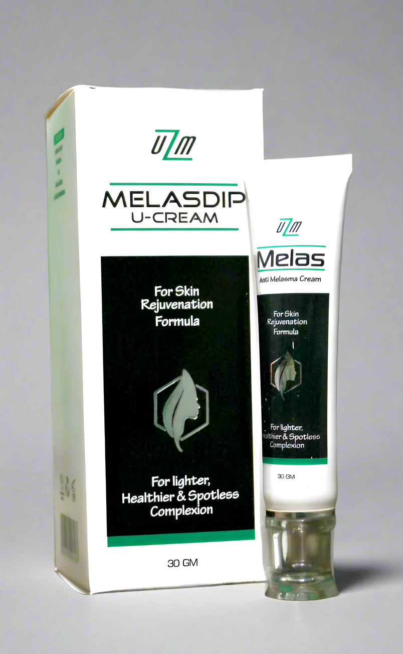Melasdip U-Cream packaging, showing a tube and box with before and after images of skin texture, highlighting the product's rejuvenation benefits.
