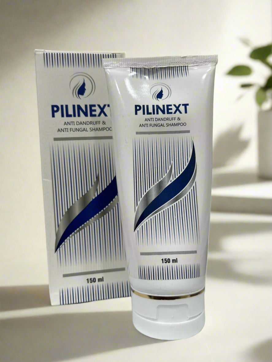 Pilinext shampoo bottle and box on a light surface