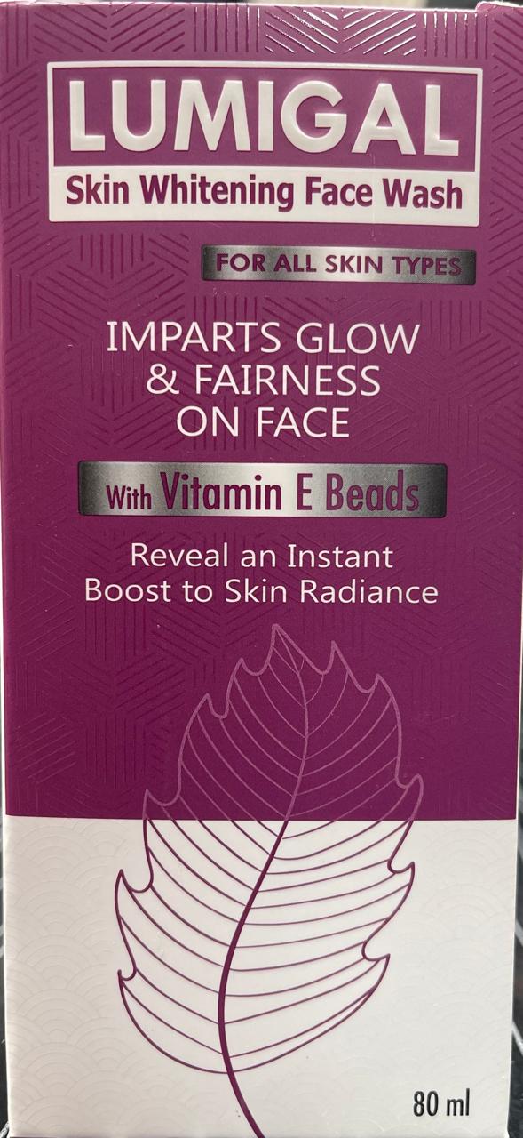 A box of Lumigal Skin Whitening Face Wash, with key features highlighted such as 'Imparts Glow & Fairness' and 'Reveals Instant Boost to Skin Radiance' along with 'Vitamin E Beads'.