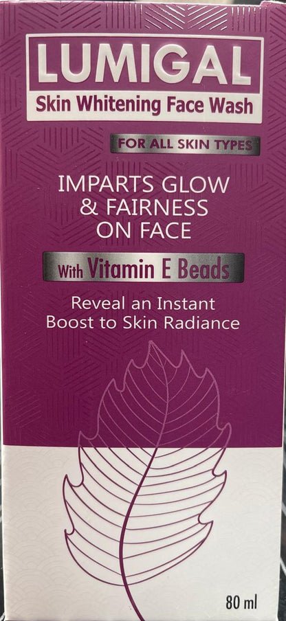 A box of Lumigal Skin Whitening Face Wash, with key features highlighted such as 'Imparts Glow & Fairness' and 'Reveals Instant Boost to Skin Radiance' along with 'Vitamin E Beads'.