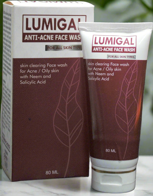 Lumigal Anti-Acne Face Wash packaging and tube on a dark background