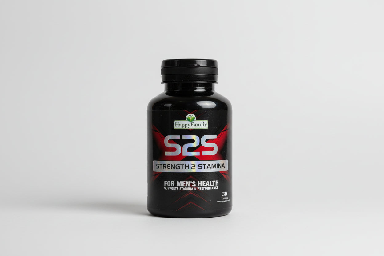 Supplement bottle labeled 'S2S' for men's health on a textured surface.