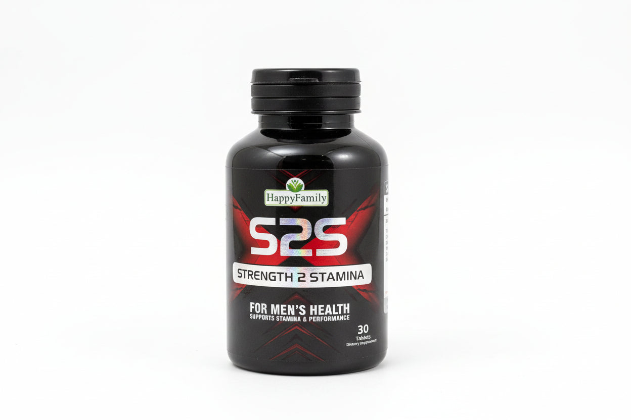 Black supplement bottle labeled 'S2S' on a textured surface