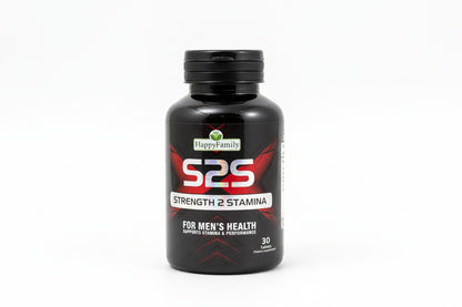 Black supplement bottle labeled 'S2S' on a textured surface