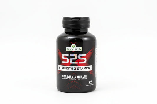 Black supplement bottle labeled 'S2S' on a textured surface
