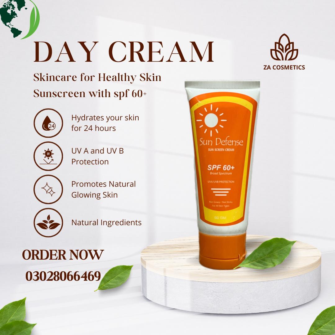 Day cream with SPF 60+ on a white background, featuring ZA Cosmetics branding.