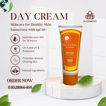 Day cream with SPF 60+ on a white background, featuring ZA Cosmetics branding.