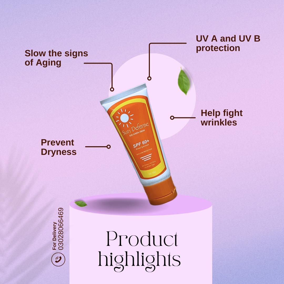 Sunscreen tube with product highlights on a purple background